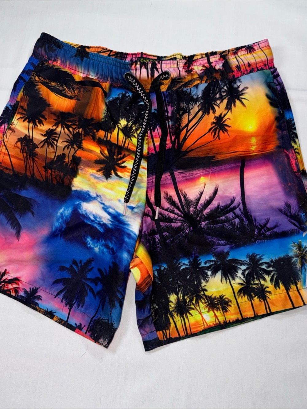 Society Men's Sunset Palm Swim Shorts - Orange, Purple, Blue, Black